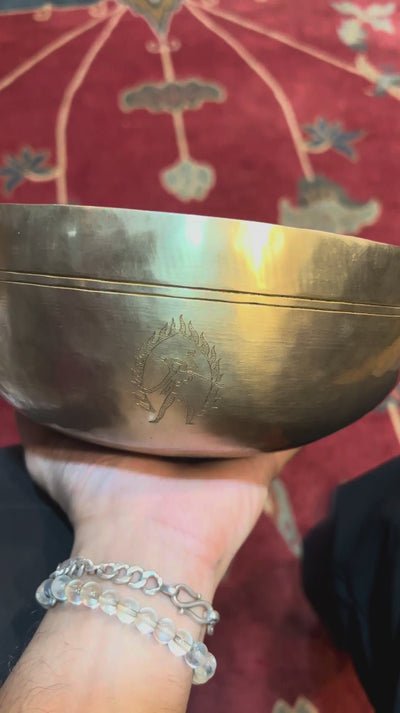 Asthamangal Nepalese singing bowl with Eight Auspicious Symbols and ornate engraving