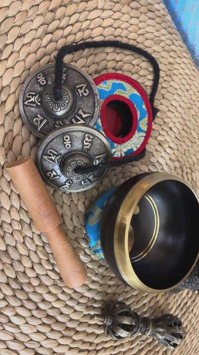 Complete Yin Yang singing bowl ritual set with Ashtamangala tingsha, Buddhist bell, vajra, wooden mallet and meditation accessories from Nepal