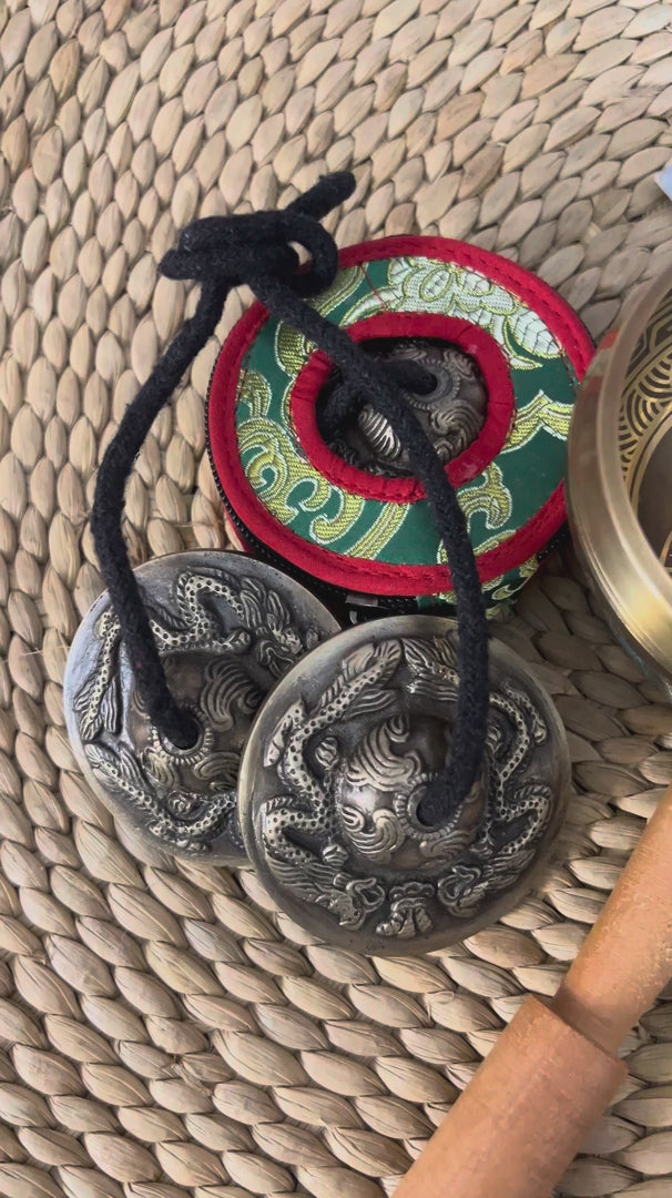 Yin Yang fish singing bowl meditation set with Ashtamangala tingsha, wooden mallet, cushion and Buddhist devotional accessories from Nepal