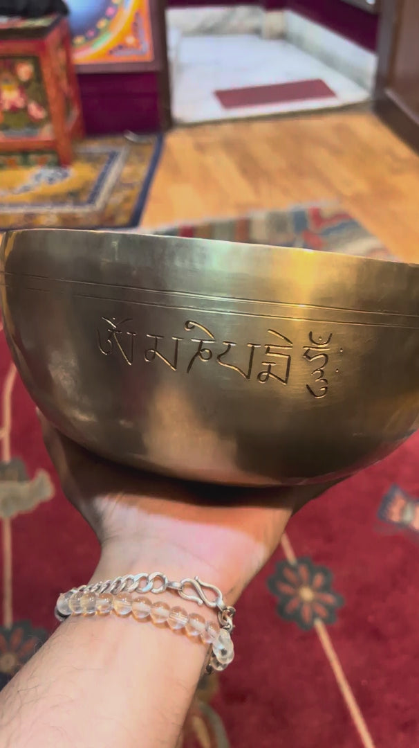 Load video: Handcrafted Tibetan singing bowl with engraved lotus flower design on the interior and blue decorative cushion