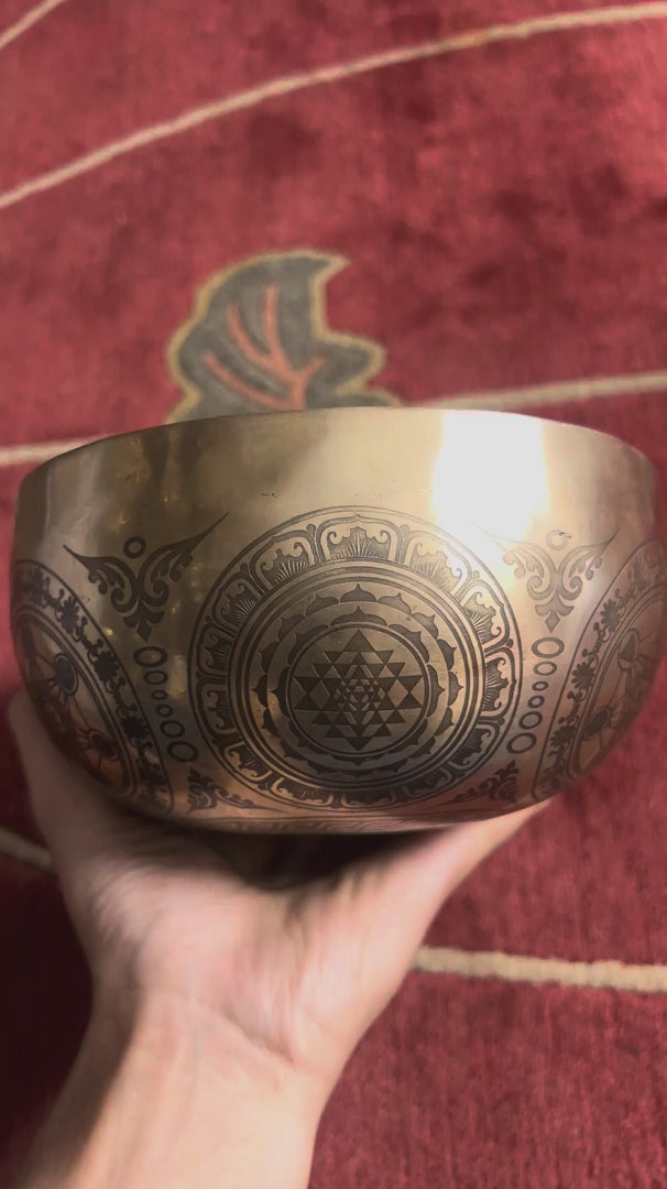 Load video: Tree of Life singing bowl displayed upright on a blue cushion with a suede mallet, showing the engraved tree design inside the bowl.