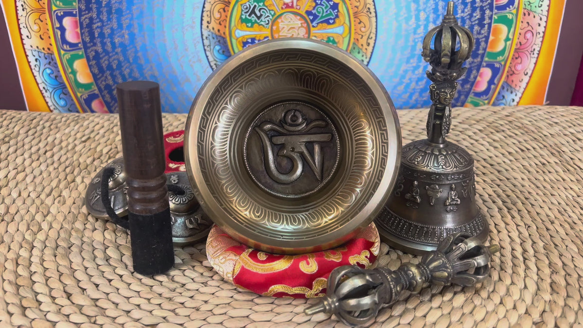 Load video: Mantra singing bowl set with tingsha, suede mallet, Buddhist bell and vajra