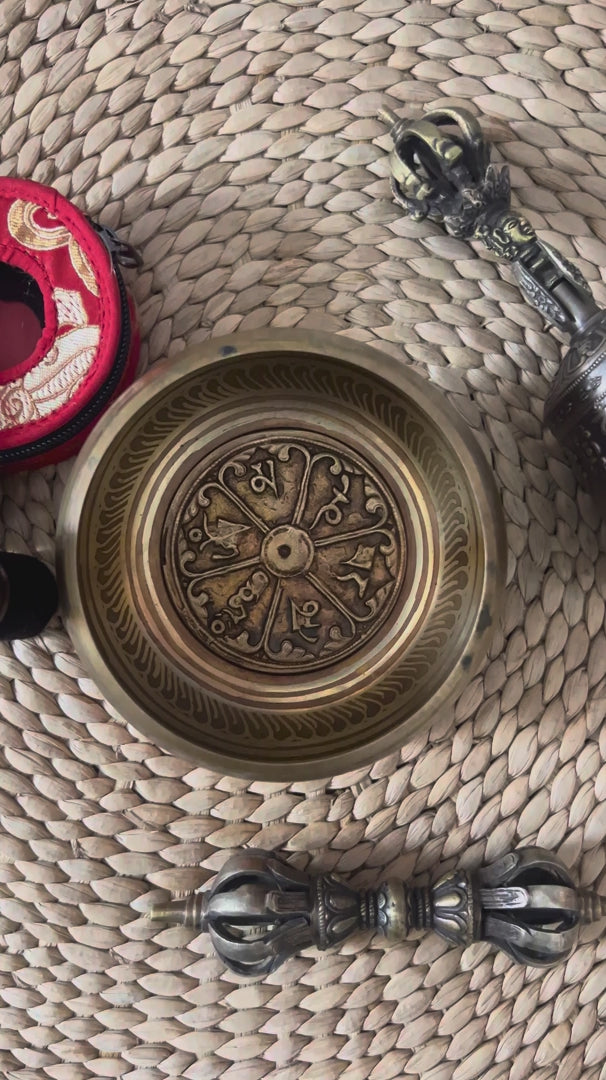 Load video: Complete Mantra singing bowl set with tingsha, suede mallet, cushion, bell and vajra