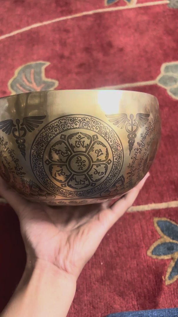Tree of Life singing bowl shown upright with detailed central engraving, matching blue cushion, and suede mallet