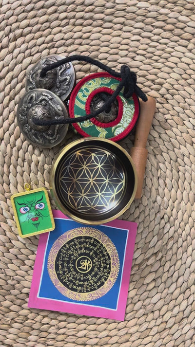 Flower of Life singing bowl set with Ashtamangala tingsha, wooden mallet, cushion and Buddhist devotional accessories from Nepal