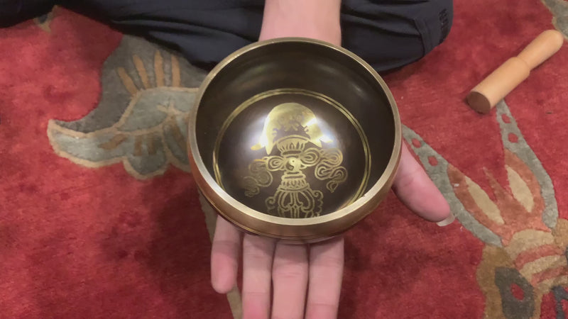 Handcrafted Vajra Kartika Knife Singing Bowl with engraved sacred blade symbol inside