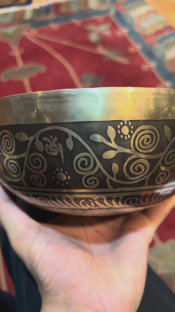 Elephant and Flower of Life engraved Nepalese singing bowl with cushion and mallet