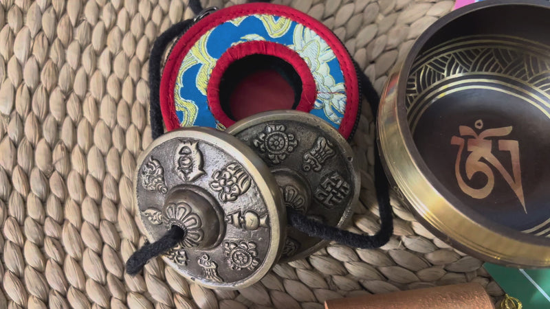 Complete Himalayan Buddhist ritual set with mantra singing bowl, Ashtamangala tingsha, bell, vajra and meditation accessories from Nepal