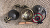 Complete Yin Yang fish singing bowl ritual set with Ashtamangala tingsha, Buddhist bell, vajra, wooden mallet and meditation accessories from Nepal