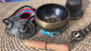 Complete ornate lotus singing bowl ritual set with Ashtamangala tingsha, Buddhist bell, vajra, wooden mallet and meditation accessories from Nepal